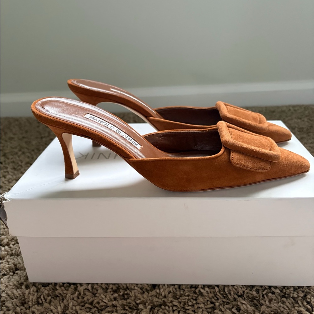 Manolo Blahnik Suede Pointed Mule in Rust Brown - Picture 5 of 9